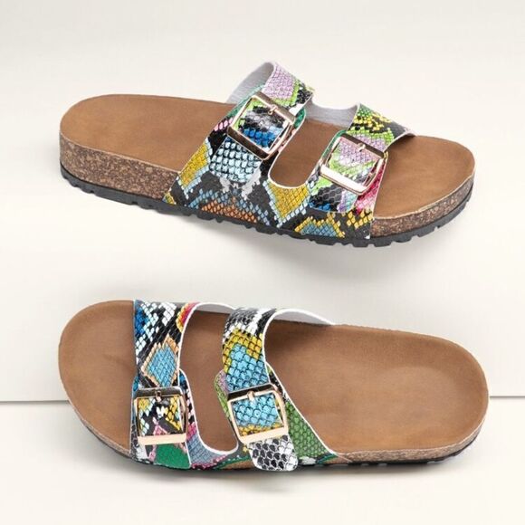 NEW! Boho Multi Colored Snake Skin Pattern Twin Buckle Band Slide Sandals Mules - Picture 1 of 3